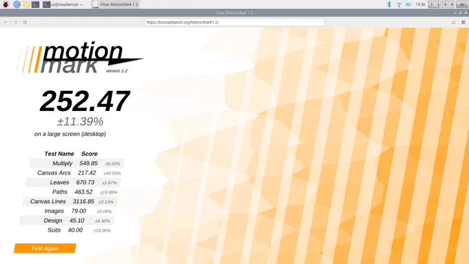 Flow running MotionMark on the Raspberry Pi 5, scoring 252.47.