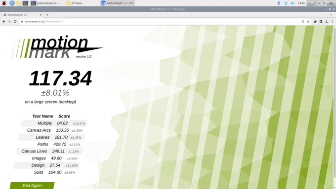 Chromium running MotionMark on the Raspberry Pi 5, scoring 117.34.