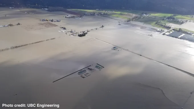 Aerial view of the flooded regions in B.C. caused by the 2021 November atmospheric river. Image shows 70% of the farm land flooded with several houses fully or partially underwater.