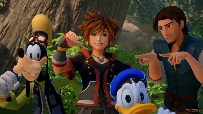 Goofy, Sora, and Donald Duck from Kingdom Hearts with Flynn Rider from Disney's Tangled.