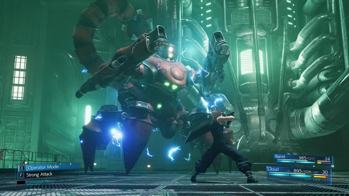 Cloud Strife from Final Fantasy VII Remake fighting the Guard Scorpion in the opening Bombing Mission.