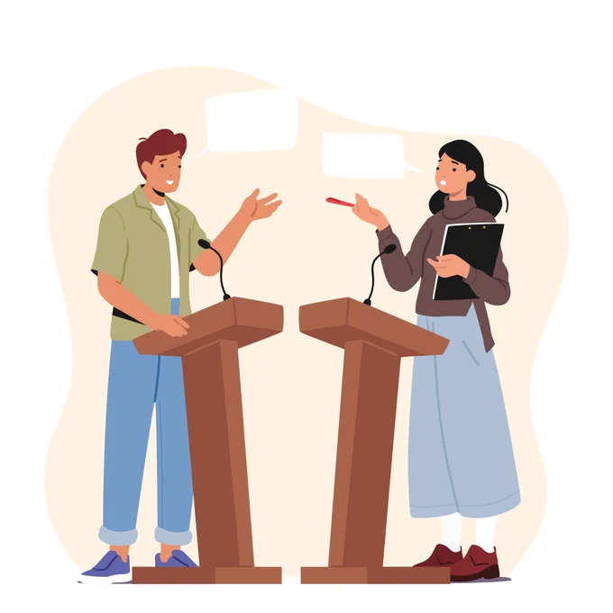 graphic of two students debating at podiums