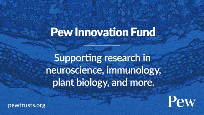 Image of cells in blue with Pew Innovation Fund as the title. Text underneath supporting research in neuroscience, immunology, plant biology, and more.