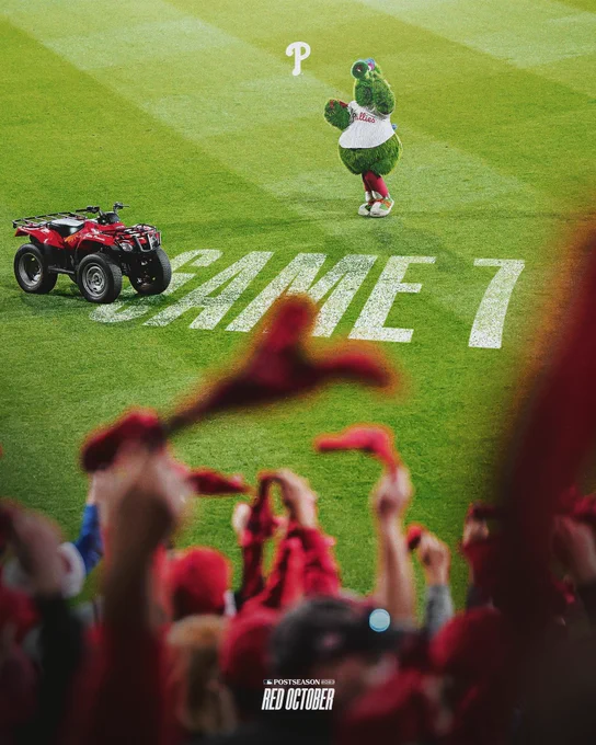 Game 7 photo manipulation graphic. The photo is of the Phanatic standing on the field raising his arm up to the crowd as they're waving their rally towels. The text "GAME 7" is painted onto the grass on the field.