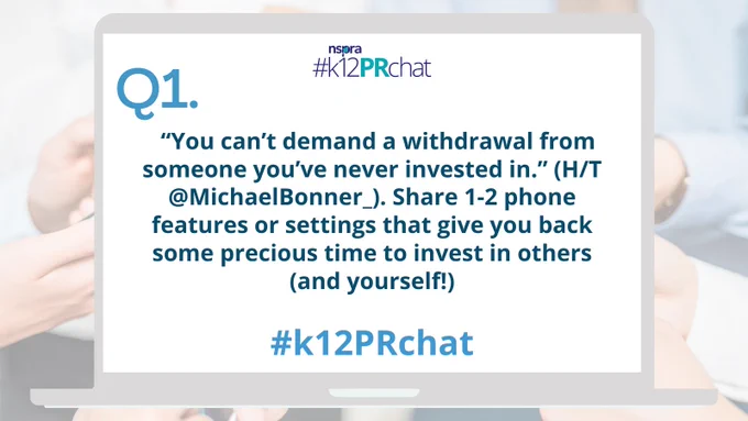 Image of a laptop displaying the #k12PRchat logo and the question in the text of the tweet.
