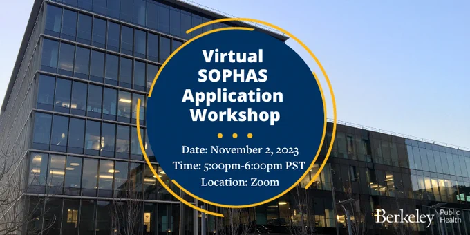 Berkeley Way West. Text: Virtual SOPHAS Application Workshop. Date: November 2, 2023. Time: 5:00pm-6:00pm PST. Location: Zoom