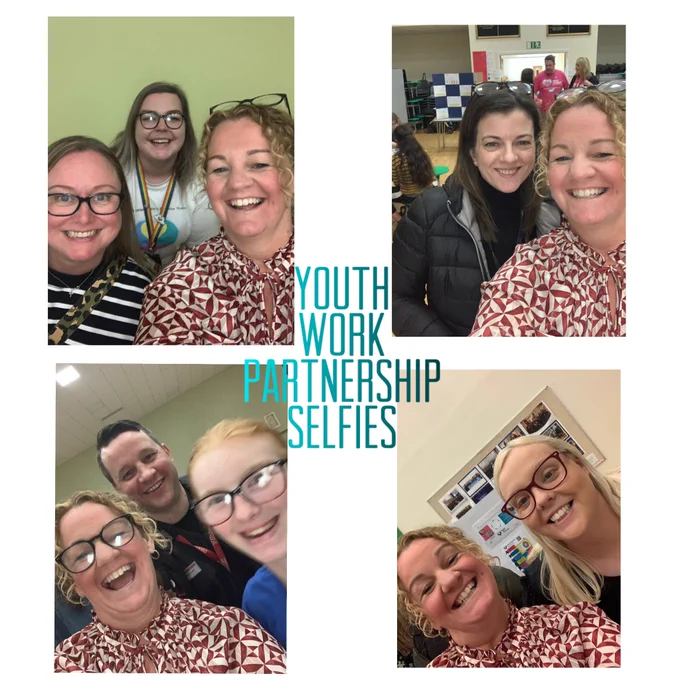 A collage of selfie photos for care experience week of staff and young people.