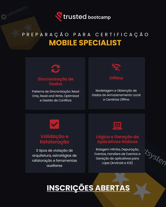 O nosso Bootcamp de Preparação para Certificação Mobile Specialist!
Garanta sua vaga, acesse: https://trusted.school/formacoes/bootcamp-mobile

#MobileDevelopment #OutSystems #outsystemspartner #CertificaçãoMobile #bootcamp #cursooutsystems