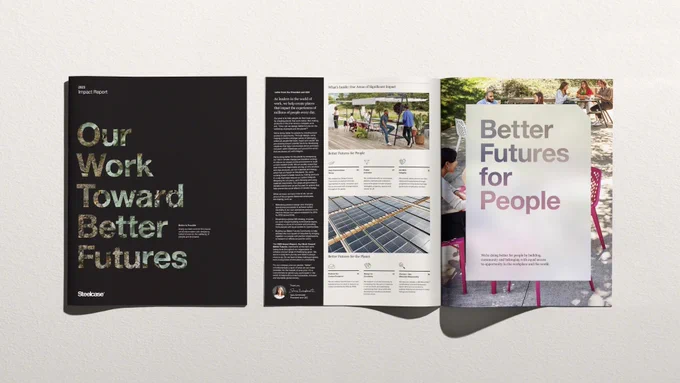 The cover of the 2023 Impact Report 'Our Work Toward Better Futures' next to the report open to the first two pages that features a letter from our President and CEO and a title page 'Better Futures for People.'