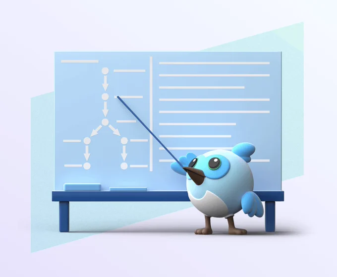Illustration of Flutter's mascot Dash standing in front of a chalkboard and using a pointer. 