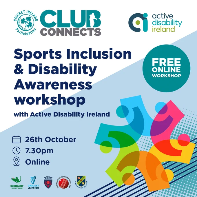 Blue and White Club Connects poster that reads: Sports Inclusion and Disability Awareness workshop with Active Disability Ireland. Free Online Workshop.

26th October, 7.30pm, Online
