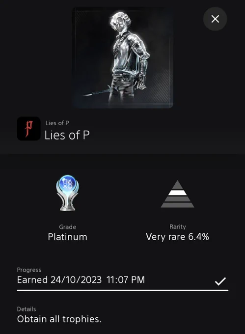 Platinum Trophy page showing it was earned at 11:07pm on 24th October 2023.