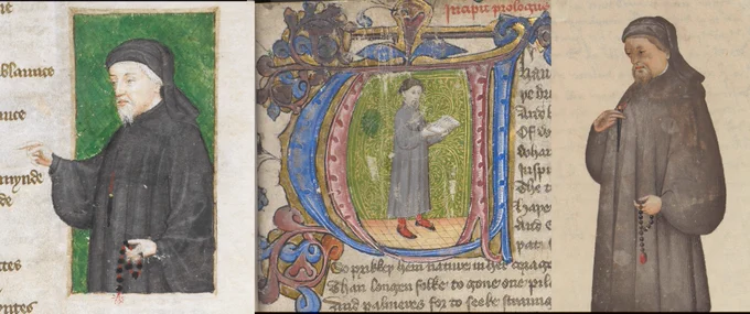 Three portraits of Geoffrey Chaucer, two showing him in a grey robe and holding a rosary, the third showing him with an open book, the portrait enclosed within a decorated initial 'W'. 