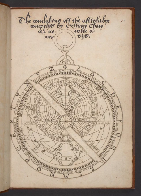 The title page of Walter Stevins' edited version of Chaucer's Treatise on the Astrolabe, with a large diagram of the astrolabe in pen-and-ink. 