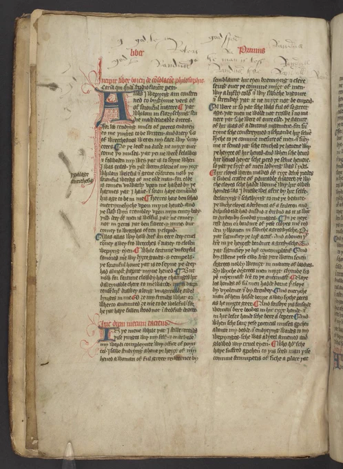 The opening of Chaucer's Boece, showing a decorated puzzle initial in blue, with red pen-flourishing.  