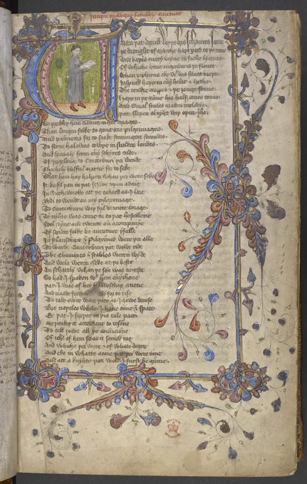 A highly illuminated page from a manuscript of Chaucer's Canterbury Tales, showing a historiated initial with a portrait of the author holding an open book and a decorated border. 