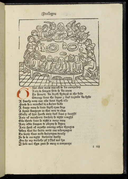 A page from Caxton's 1483 printed edition of the Canterbury Tales, showing a woodcut of the pilgrims sat around a table eating together. 