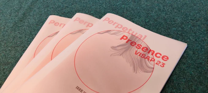 Cover page of the catalogue for VISAP2023 "Perpetual Presence". A translucent sheet is complemented by a second cover with furry generative art.