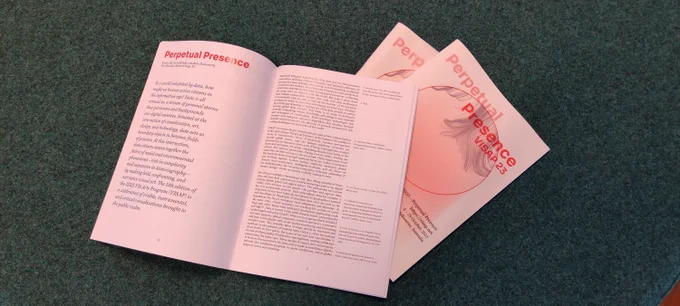 Inside of the VISAP2023 catalogue. The spread shows the introductory essay