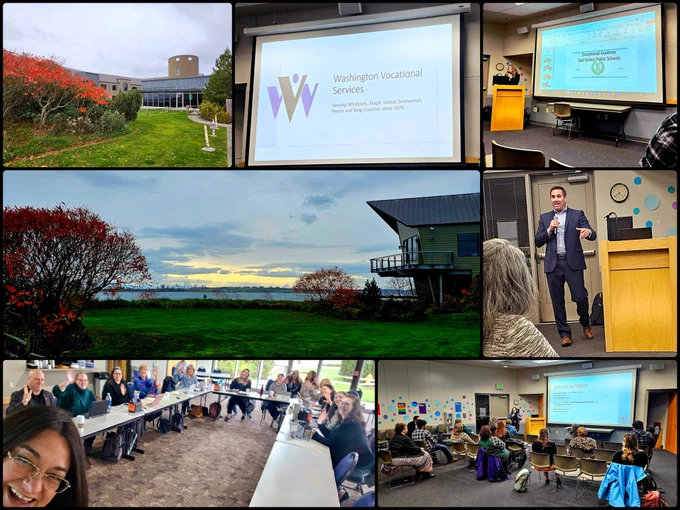 A 5-photo collage of the NWESD 189 building, two presentation screens, a man presenting, and two group photos 