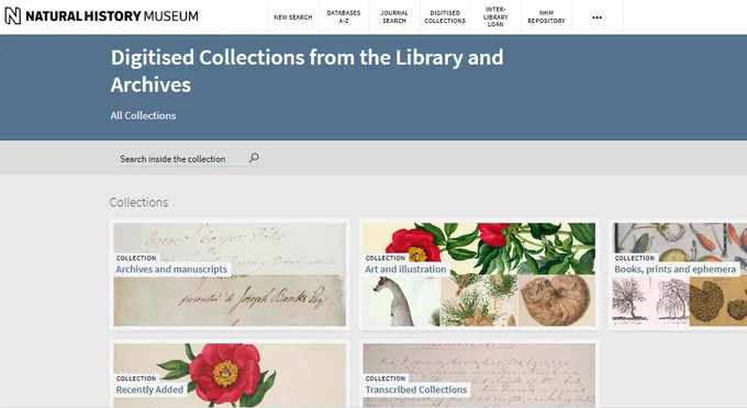 Screenshot of the landing page for NHM Library and Archive's Digitised Collections 