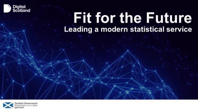 A dark blue and black background with blue nodes and data connections. The image features the Scottish Government logo and white writing Fit for the Future.