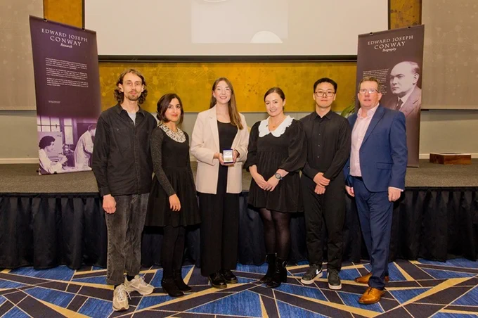 Finalists in the Conway Festival Gold Medal competition for research excellence, Mykyta Malkov, Haleema Azam, Ciara Walsh, Sarah Kierans, Yinghao Li pictured with Professor Breandán Kennedy, Director, UCD Conway Institute

