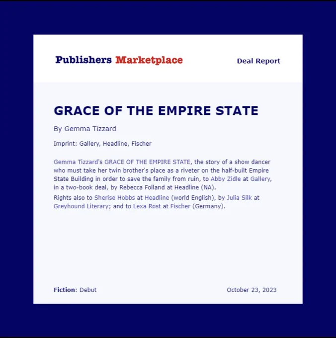 Book deal announcement for Grace of the Empire State by Gemma Tizzard in Publishers Marketplace.
