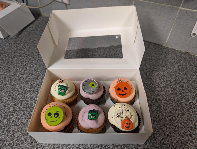 a box full of 6 halloween-themed cupcakes adorned with chocolate pumpkins, eyeballs, zombies, Frankenstein's monsters etc