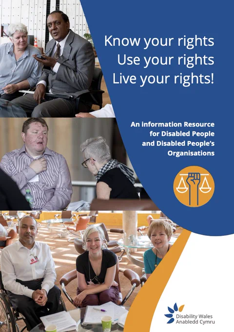 Know your Rights resource front page with the pack title in white writing against DW's trademark navy logo colour. Text underneath the title reads: Information resource for disabled people and disabled people's organisations.