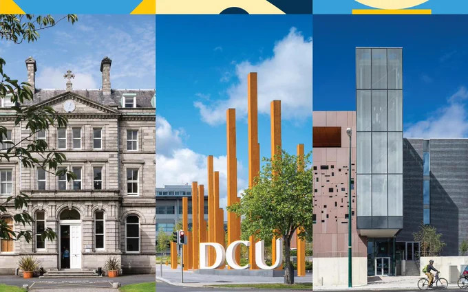 Dublin City University scenery featuring Albert College, sculpture at the entrance to the Glasnevin campus, and new buildings at St. Patrick's campus.