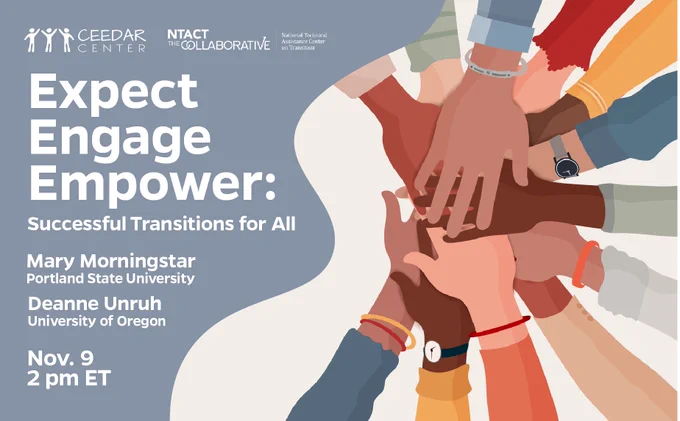 Image of diverse hands overlapping. Text says: Expect Engage Empower: Successful Transitions for All. Mary Morningstar, Portland State University. Deanne Unruh, University of Oregon. Nov. 9, 2pm ET
