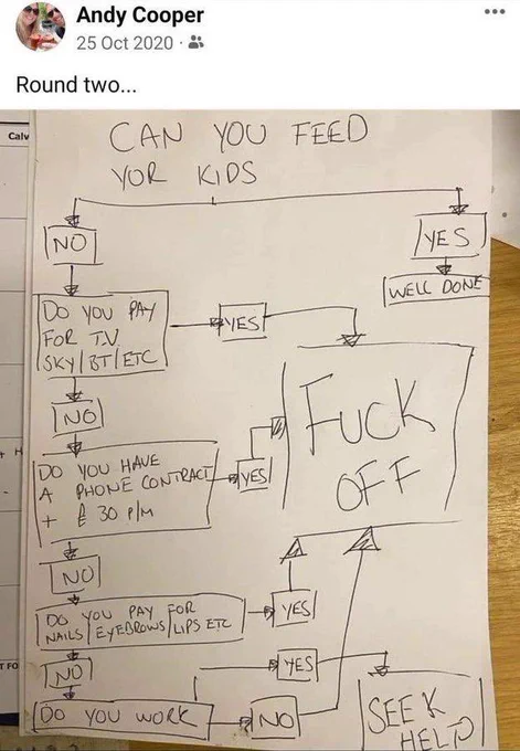 A flow chart telling voters to fuck off published by the Tory candidate for Tamworth.
