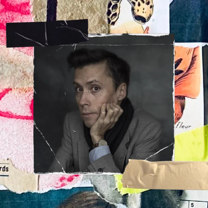 A collage of colourful ripped paper, card and tape. In the centre is an image of Jan Grue, a white man in his early forties with short dark hair which has been pushed back. He wears a grey suit, a blue scarf and a brown watch; he is resting his chin on his left hand.
