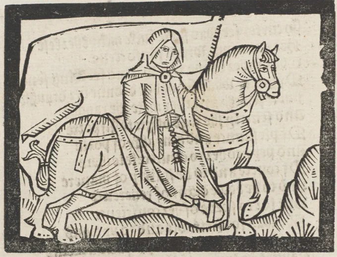 Woodcut illustration of Chaucer's Monk: carrying a large, blank banner, wearing a cloak, carrying a rosary, on horseback