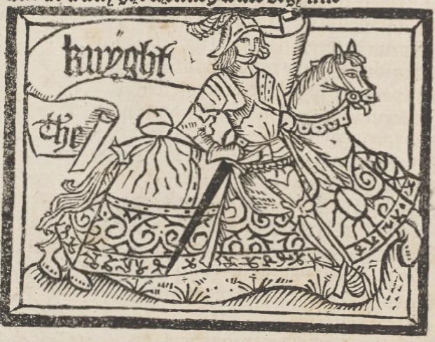 Woodcut illustration of Chaucer's Knight: in armour, riding on a horse wearing a patterned coat