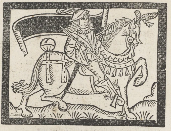 Woodcut illustration of Chaucer's Squire: carrying a banner, wearing a feathered cap, riding a decorated horse