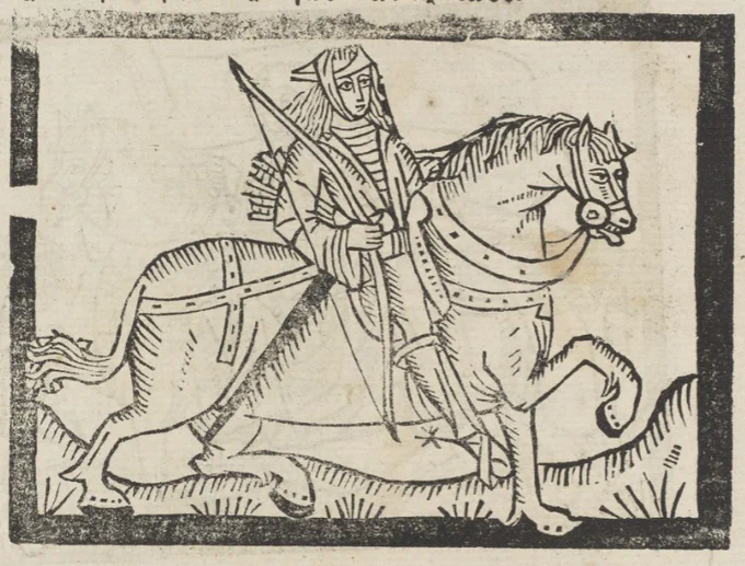Woodcut illustration of Chaucer's Yeoman: carrying a bow and arrows, on horseback