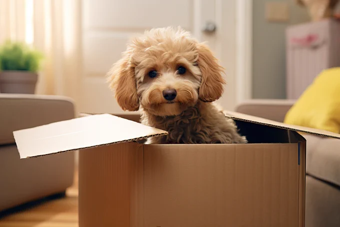a photo of a small golden haired dog sat in a carboard box in a house