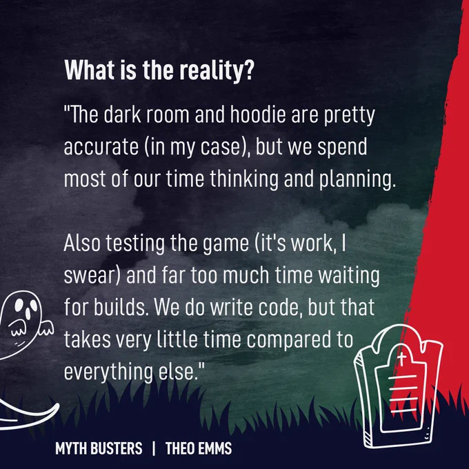 Text reads: 'What is the reality?' "The dark room and hoodie are pretty accurate (in my case), but we spend most of our time thinking and planning. Also testing the game (it's work I swear) and far too much time waiting for builds. We do write code, but that takes very little time compared to everything else.