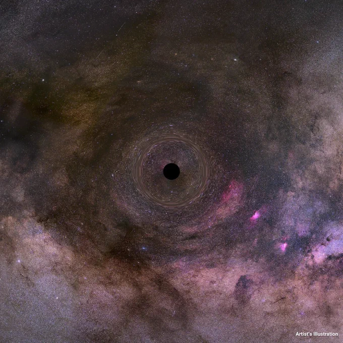 A black dot is surrounded by swirling, distorted stars and clouds of gas and dust.
