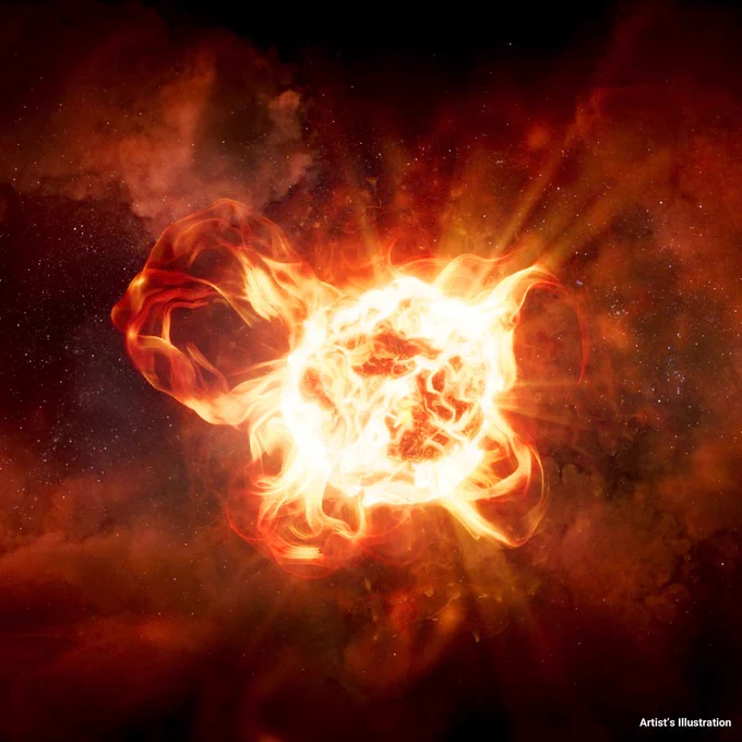 An orange-red star with its outer layers shedding off in turbulent waves of yellow-orange.