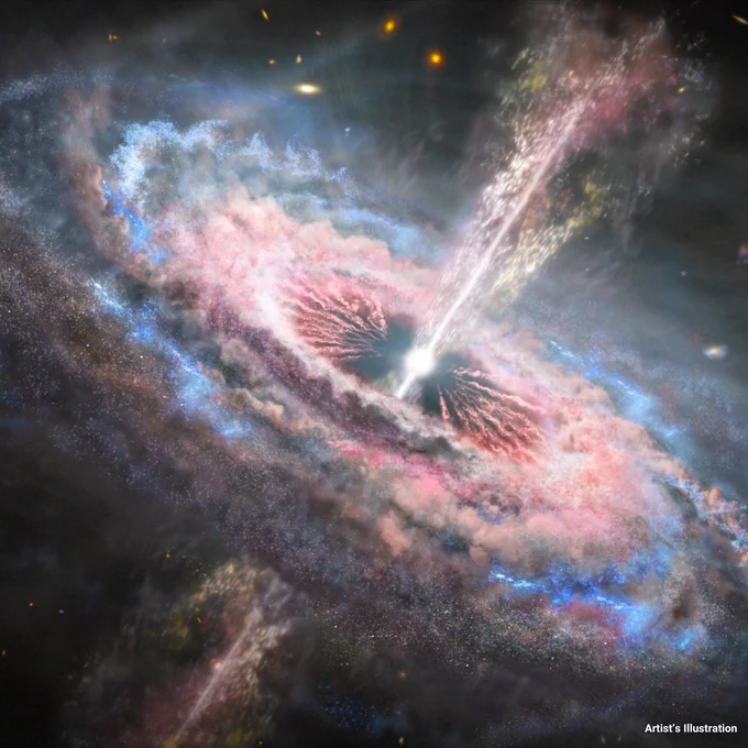 A tilted galaxy with swirling, circular clouds seen in gray, pink, and blue with a bright white point of light at its center. A beam of light extends through this point.
