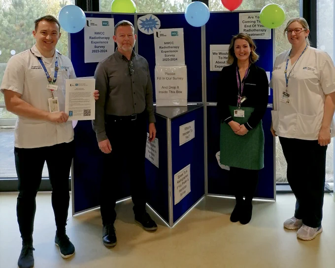 📷 Rory Porteous (Therapy Radiographer), Colin Colhoun (Service User Representative), Rebecca Durnin (Governance & Quality Specialist Radiographer) and Zoe Davis (Therapy Radiographer) launching the new NWCC Radiotherapy Patient Experience Survey.