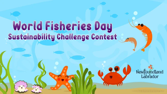 Cartoon image of the bottom of the ocean with embedded text: World Fisheries Day Sustainability Challenge Contest. The image includes variety of marine life such as seaweed, star fish, crab and shrimp. 