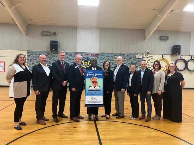 Pictured L-R: New Georgia ES Literacy Coach Amanda Whitaker, GA Senator Mike Dugan, Superintendent Steve Barnette, State Superintendent Richard Woods, New Georgia ES Principal Sonja Nelson, Board Vice Chair Deborah Collett, Board member John Dean, Executive Director of K-5 Curriculum Theresa Benefield, Executive Director of Elementary Dr. Paul Chaffee, New Georgia Assistant Principal Dr. Tracy Gaynor and New Georgia Elementary EAC Liz McCrary.