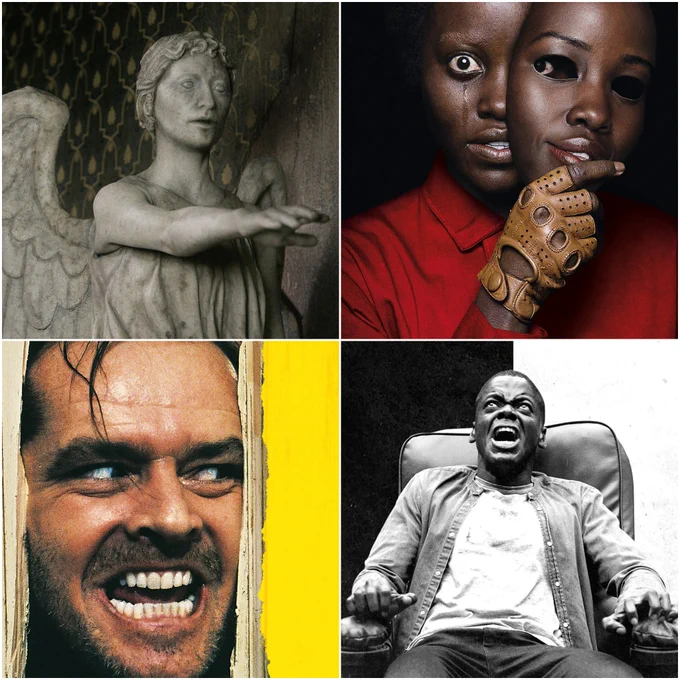 Clockwise from top left: A Weeping Angel reaches out in Doctor Who, Lupita Nyong'o holds a mask partially obscuring her face as a single tear streams down her cheek in a promotional image for for US, Daniel Kaluuya sits screaming in an armchair in a promotional image for Get Out and Jack Nicholson's face appears, grinning through a broken door in The Shining.