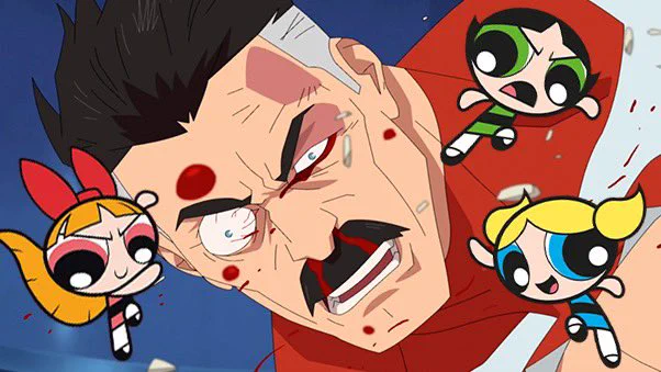 Omni Man getting hit in Episode 1 of Invincible with the Powerpuff Girls surrounding him
