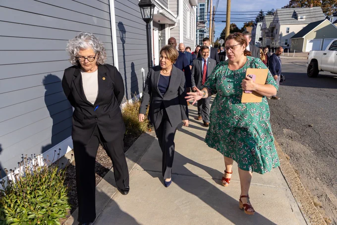 Governor Healey walks through downtown Attleboro with the mayor.