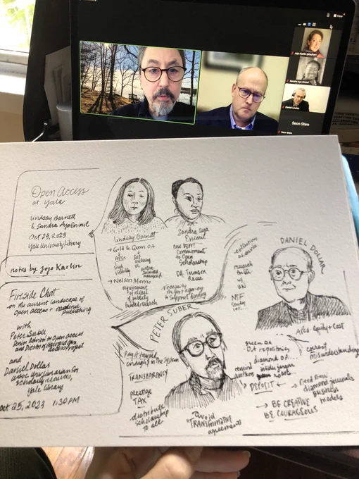 Pen portraits of speakers at an OA discussion held up in front of a laptop screen open to a zoom grid.